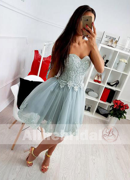 Fashion Tiffany Blue Lace Sweetheart Strapless Lace Up Back Homecoming Dresses, HD0007