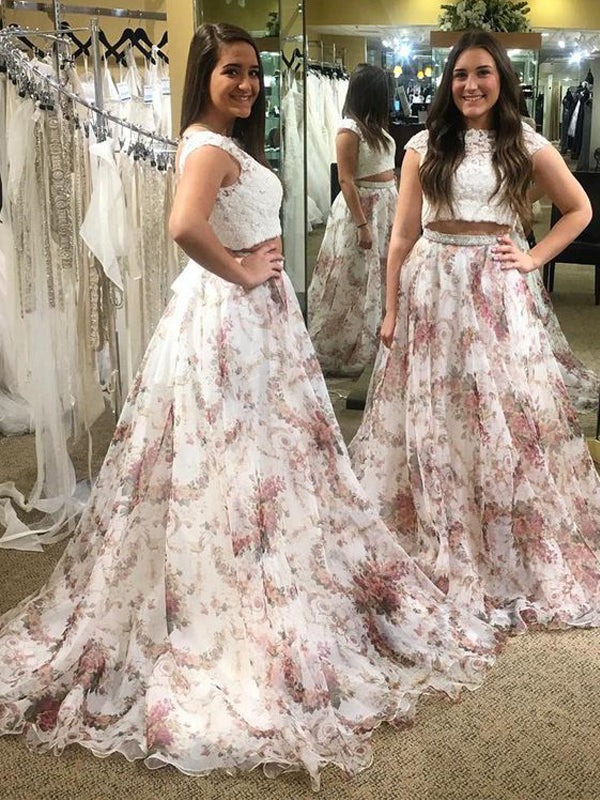 Fashion Two Piece  Lace Floral Prints Chiffon Cap Sleeve Prom Gown Dresses,PD0086
