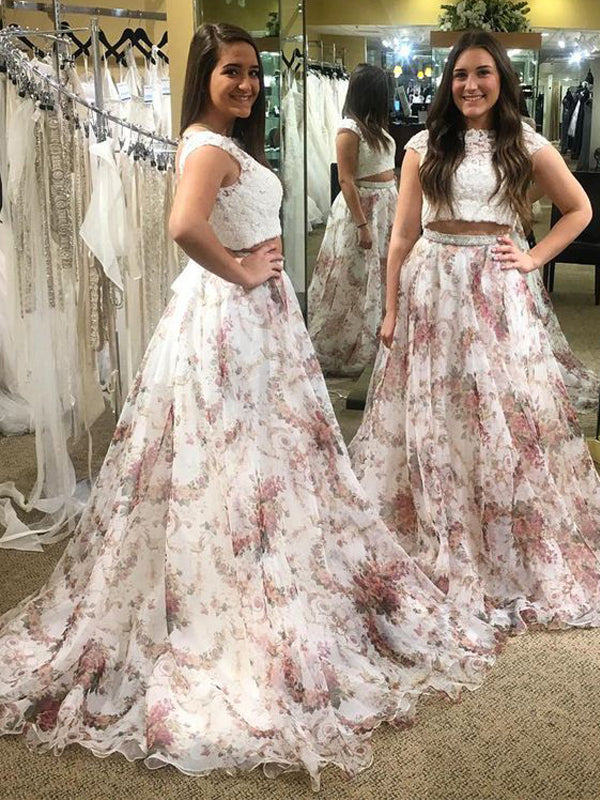 strapless open back dress Two Piece Cap Sleeves Floral Dresses with Lace, New Style Backless Pro –  cherishgirls main image 0