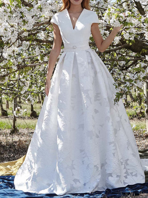 Fashion Unique Lace Floral Satin Cap Sleeve Elegant Wedding Dresses, A –  AlineBridal