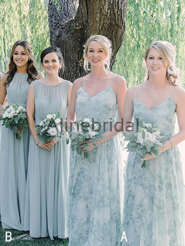 Floral Prints Chiffon Mismatched A-line Long Bridesmaid Dresses, AB4119