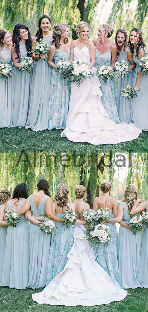 Floral Prints Chiffon Mismatched A-line Long Bridesmaid Dresses, AB4119