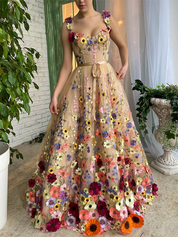 Floral Elegant Champagne A-line Spaghetti Straps Long Prom Dress, PD35 – AlineBridal