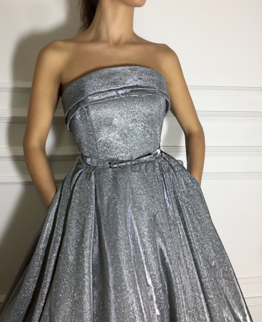 Formal Strapless Gray Sequin Long Evening Dresses For Prom Party PD1005