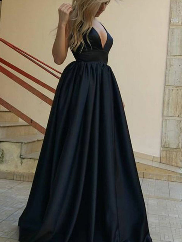 Formal Black Satin V-neck Sleeveless A-line Lace Up Back Charming Prom AlineBridal Formal Black Satin V-neck Sleeveless A-line Lace Up Back Charming Prom AlineBridal