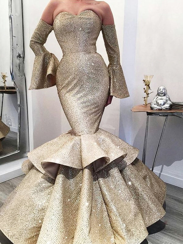 Gold Satin Strapless Long Sleeve Mermaid Formal Prom Dresses.PD00227