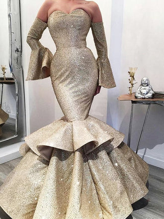 Gold Satin Strapless Long Sleeve Mermaid Formal Prom Dresses.PD00227