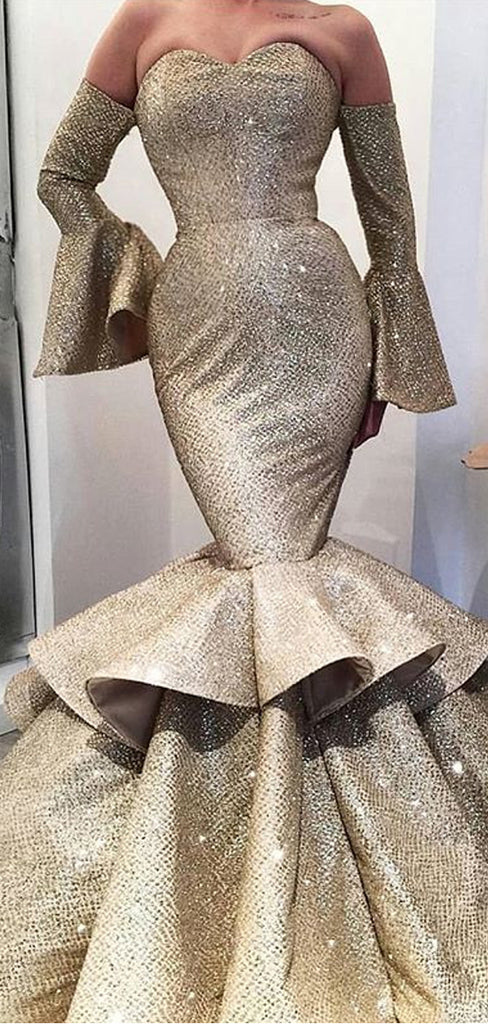 Gold Satin Strapless Long Sleeve Mermaid Formal Prom Dresses.PD00227
