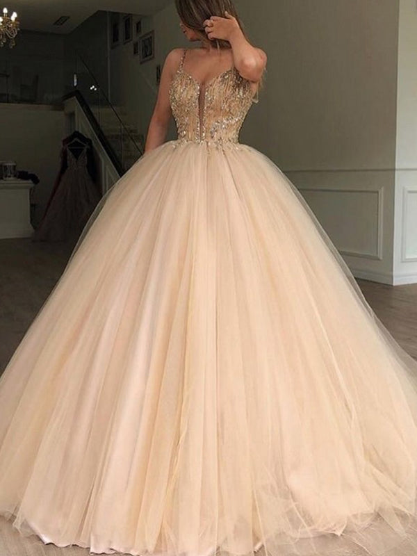 Gold Beading Tulle Ball Gown Princess Prom Dresses,PD00179