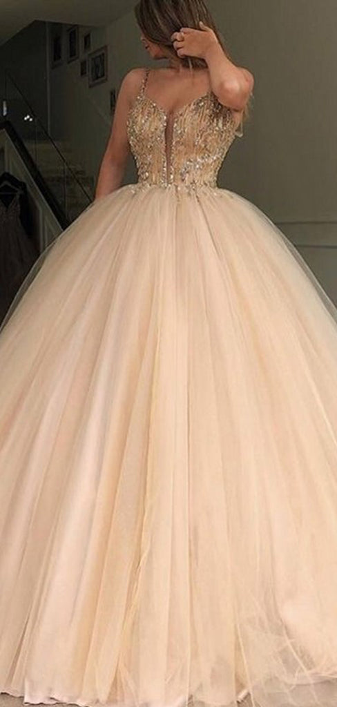 Gold Beading Tulle Ball Gown Princess Prom Dresses,PD00179