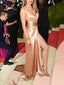 Gold Elastic Satin V-neck Slit Evening Party Sexy Prom Dresses.PD00222