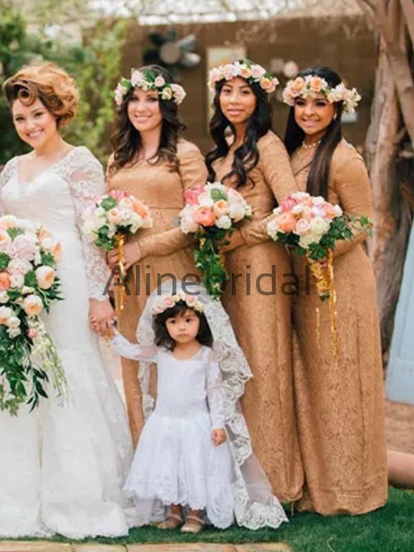 Gold Lace Long Sleeve Round Neckline Long Bridesmaid Dresses