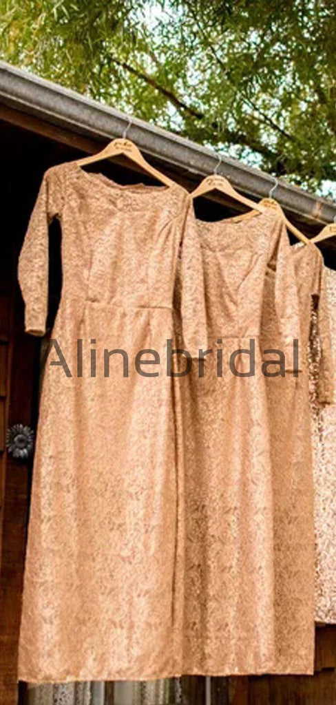 Gold Lace Long Sleeve Round Neckline Long Bridesmaid Dresses , AB4122