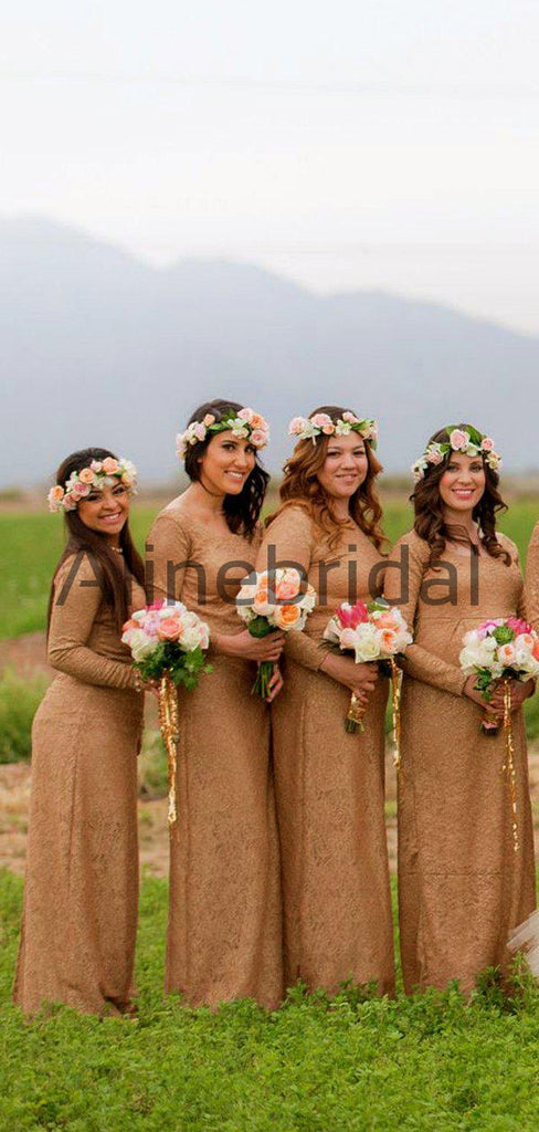Gold Lace Long Sleeve Round Neckline Long Bridesmaid Dresses , AB4122