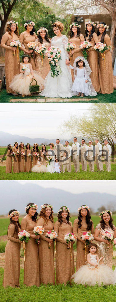 Gold Lace Long Sleeve Round Neckline Long Bridesmaid Dresses , AB4122