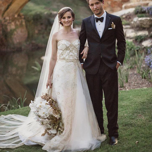 Gold Lace Off White Tulle Sweetheart Strapless A-line Wedding Dresses, AlineBridal Gold Lace Off White Tulle Sweetheart Strapless A-line Wedding Dresses, AlineBridal