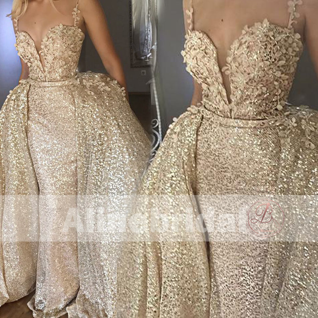 Gold Sequin Detachable Over-skirt Spaghetti Strap Bling Prom Dresses,P AlineBridal Gold Sequin Detachable Over-skirt Spaghetti Strap Bling Prom Dresses,P AlineBridal