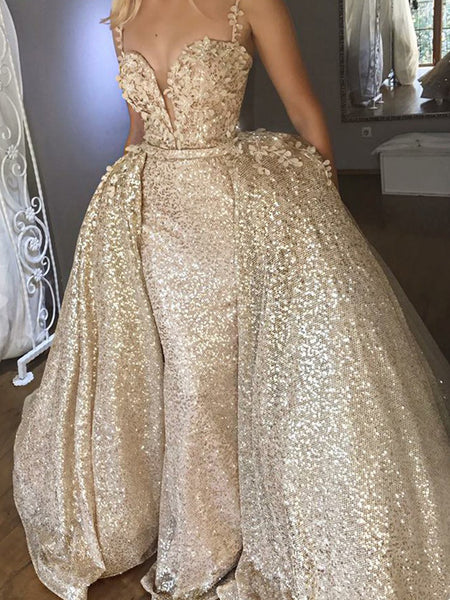 Gold Sequin Detachable Over-skirt Spaghetti Strap Bling Prom Dresses,P AlineBridal Gold Sequin Detachable Over-skirt Spaghetti Strap Bling Prom Dresses,P AlineBridal