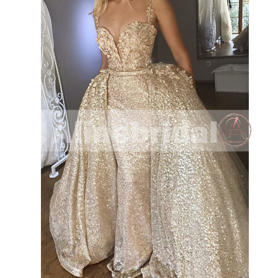 Gold Sequin Detachable Over-skirt Spaghetti Strap Bling Prom Dresses,PD00095