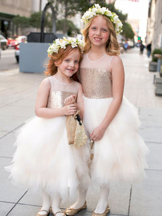 Gold Sequin Ivory Ruffles Tulle Cute Flower Girl Dresses, FGS112