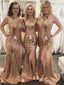 Gold Sequin Mismatched Halter Mermaid Bridesmaid Dresses, AB4067
