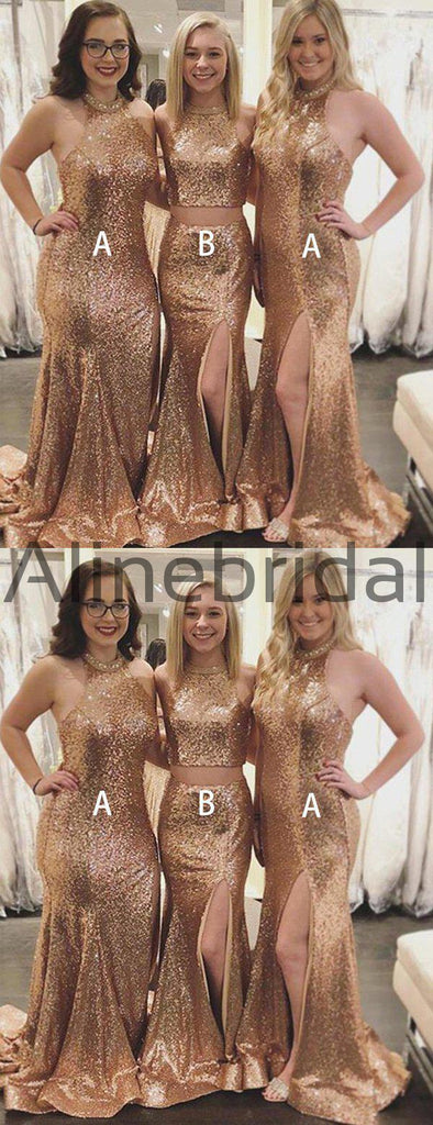 Gold Sequin Mismatched Halter Mermaid Bridesmaid Dresses, AB4067