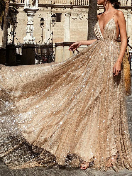 Gold Sequin Spaghetti Strap Backless Shiny Prom Dresses, PD00178 – AlineBridal