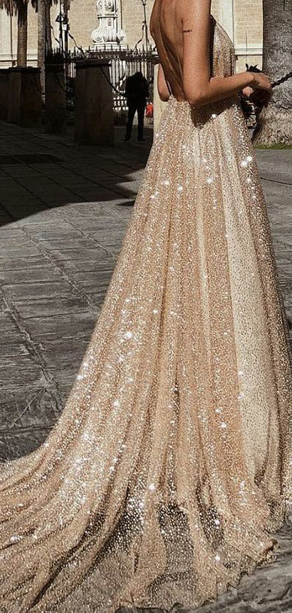 Gold Sequin Spaghetti Strap Backless Shiny Prom Dresses, PD00178 –  AlineBridal