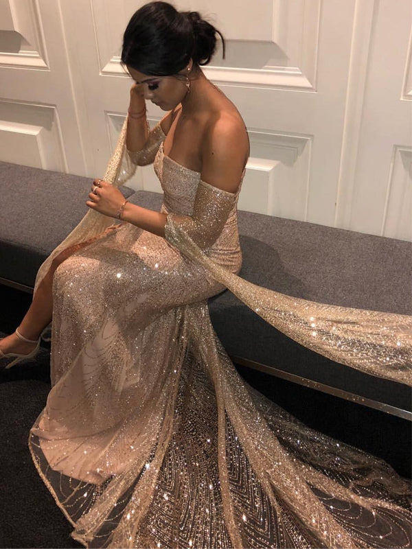 Gold Sequined Lace Off Shoulder Long Sleeve Sheath Prom Dresses, PD003 AlineBridal Gold Sequined Lace Off Shoulder Long Sleeve Sheath Prom Dresses, PD003 AlineBridal