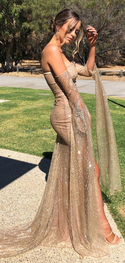 Gold Sequined Lace Off Shoulder Long Sleeve Sheath Prom Dresses, PD00352