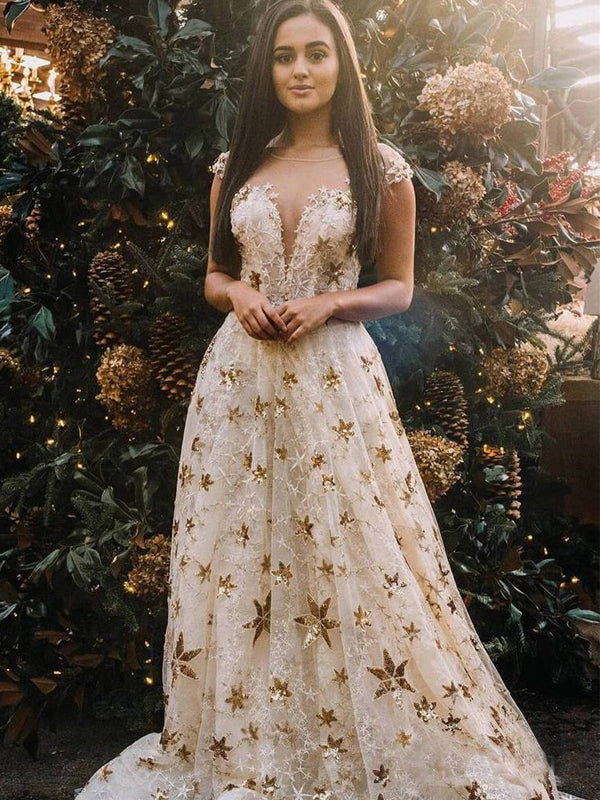 Gold Star Sequin Lace Cap Sleeve A line Prom Dresses PD00290 AlineBridal