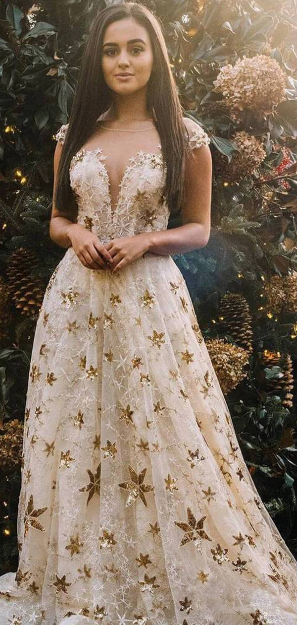Gold Star Sequin Lace Cap Sleeve A-line Prom Dresses,PD00290 AlineBridal Gold Star Sequin Lace Cap Sleeve A-line Prom Dresses,PD00290 AlineBridal