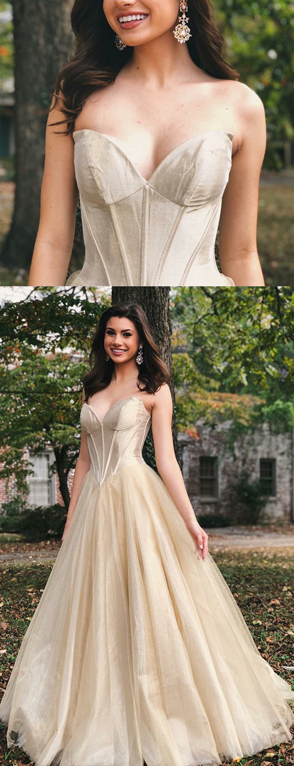 Gold Velvet Tulle Strapless Empire Waist Prom Dresses PD00174 AlineBridal