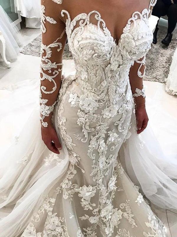 Gorgeous Appliques Mermaid Long Sleeve Wedding Dresses, AB1500