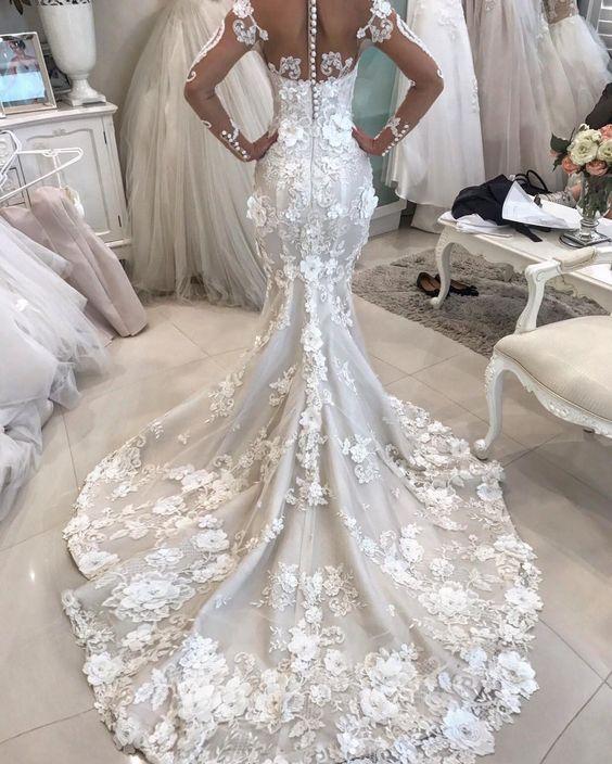 Gorgeous Appliques Mermaid Long Sleeve Wedding Dresses, AB1500 – AlineBridal Gorgeous Appliques Mermaid Long Sleeve Wedding Dresses, AB1500 – AlineBridal
