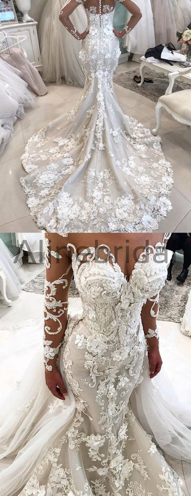 Gorgeous Appliques Mermaid Long Sleeve Wedding Dresses, AB1500