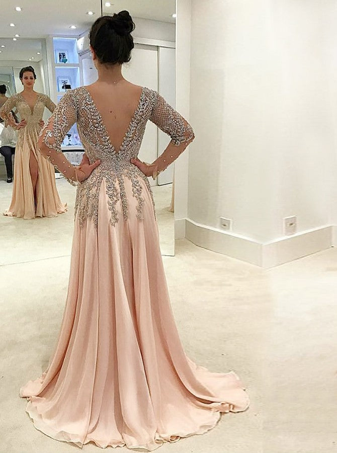 Gorgeous Beaded V-neck V-back Long Sleeve Split Prom Dresses,PD00071 AlineBridal Gorgeous Beaded V-neck V-back Long Sleeve Split Prom Dresses,PD00071 AlineBridal