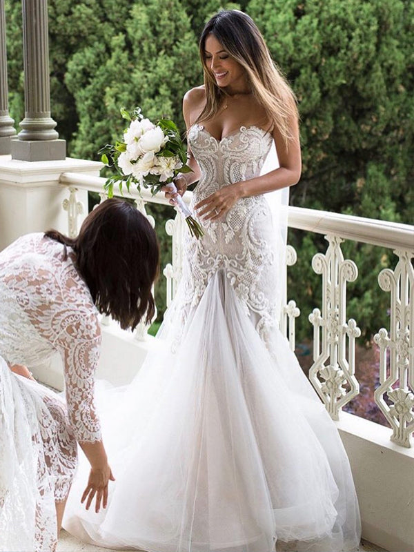 Gorgeous Beading Lace Sweetheart Strapless Mermaid Wedding Dresses, AB AlineBridal Gorgeous Beading Lace Sweetheart Strapless Mermaid Wedding Dresses, AB AlineBridal