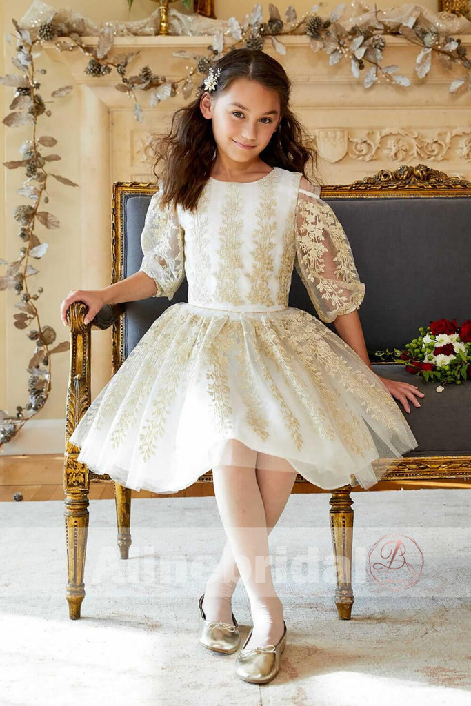 Gorgeous Gold Lace Organza Half Sleeve Cute Flower Girl Dresses FGS087