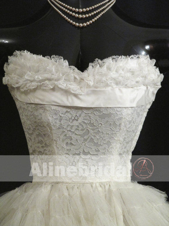 Gorgeous Ivory Lace Pleating Tulle Sweetheart Strapless Homecoming Dresses, HD0005