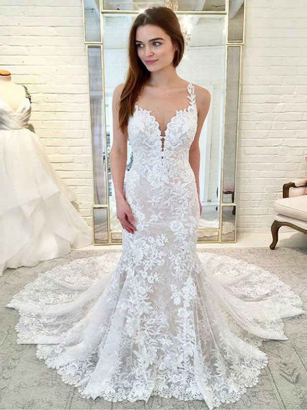 Gorgeous Lace Nude Lining Spaghetti Strap Mermaid Train Wedding Dresse AlineBridal Gorgeous Lace Nude Lining Spaghetti Strap Mermaid Train Wedding Dresse AlineBridal