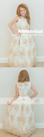 Gorgeous Lace With Sequins Sleeveless Long Flower Girl Dresses, FGS081
