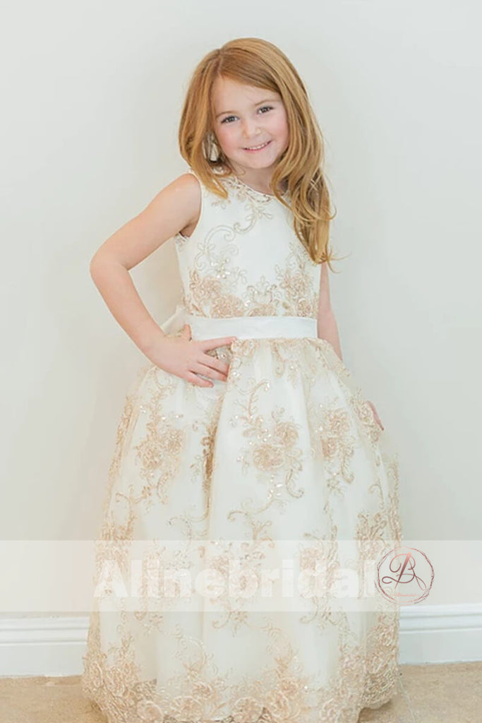 Gorgeous Lace With Sequins Sleeveless Long Flower Girl Dresses, FGS081