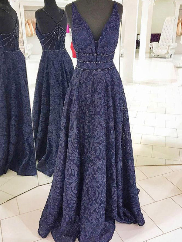 Navy Blue Satin Lace Up Back A-Line Prom Dress With Pockets, OL616