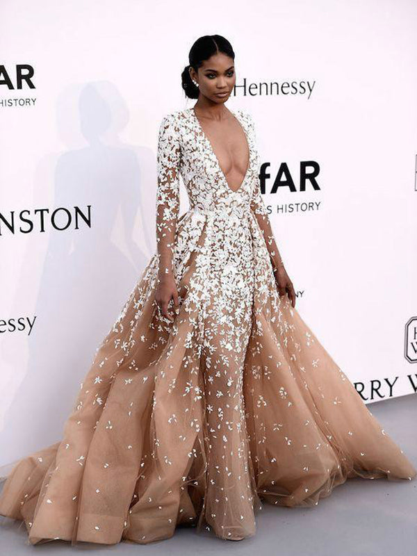 Gorgeous Nude Tulle Applique Long Sleeve Formal Prom Dresses,PD00143 AlineBridal Gorgeous Nude Tulle Applique Long Sleeve Formal Prom Dresses,PD00143 AlineBridal