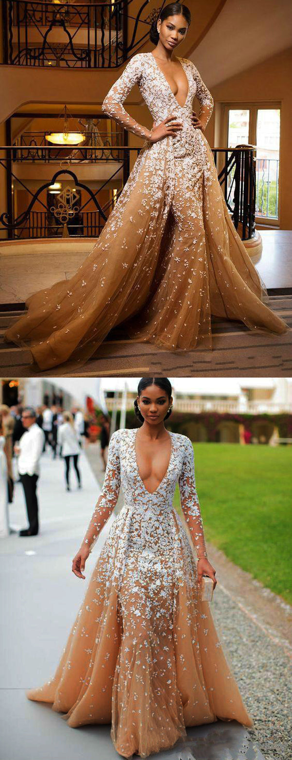 Gorgeous Nude Tulle Applique Long Sleeve Formal Prom Dresses,PD00143 –  AlineBridal