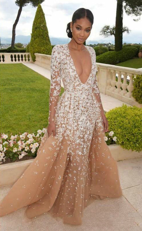 Gorgeous Nude Tulle Applique Long Sleeve Formal Prom Dresses