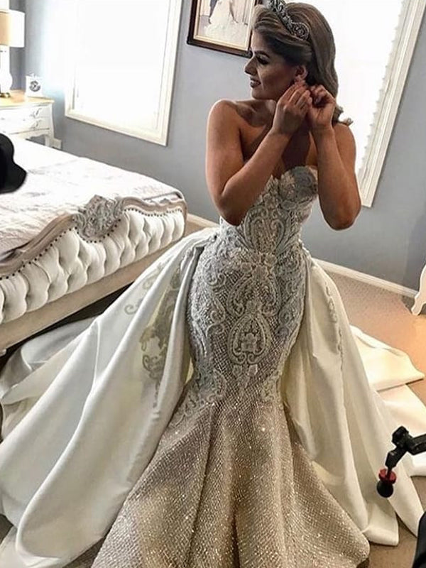 Gorgeous Shiny Beading Lace Strapless Overskirt Wedding Dresses