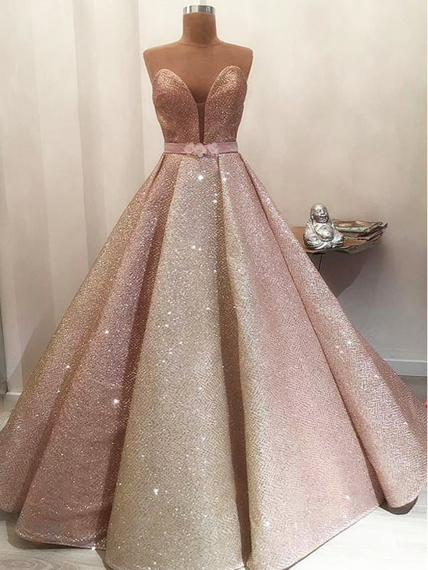 Gorgeous Shiny Rose Gold Satin Strapless Ball Gown Prom Dresses.PD00229