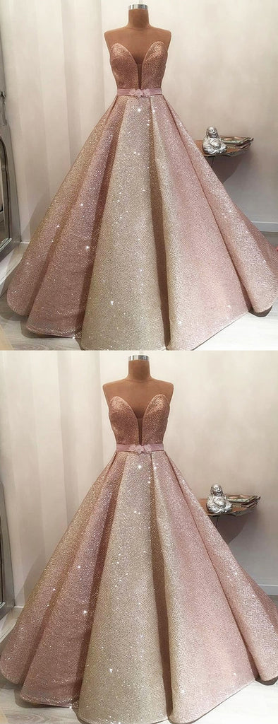 Gorgeous Shiny Rose Gold Satin Strapless Ball Gown Prom Dresses.PD00229